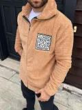 Erkek Polar Fermuarlı Sweatshirt – Kapüşonsuz, Cepli, Yumuşak Dokulu, Oversize Rahat Kalıp, Kışlık Sıcak Tutan Fermuarlı Üst - Kahverengi