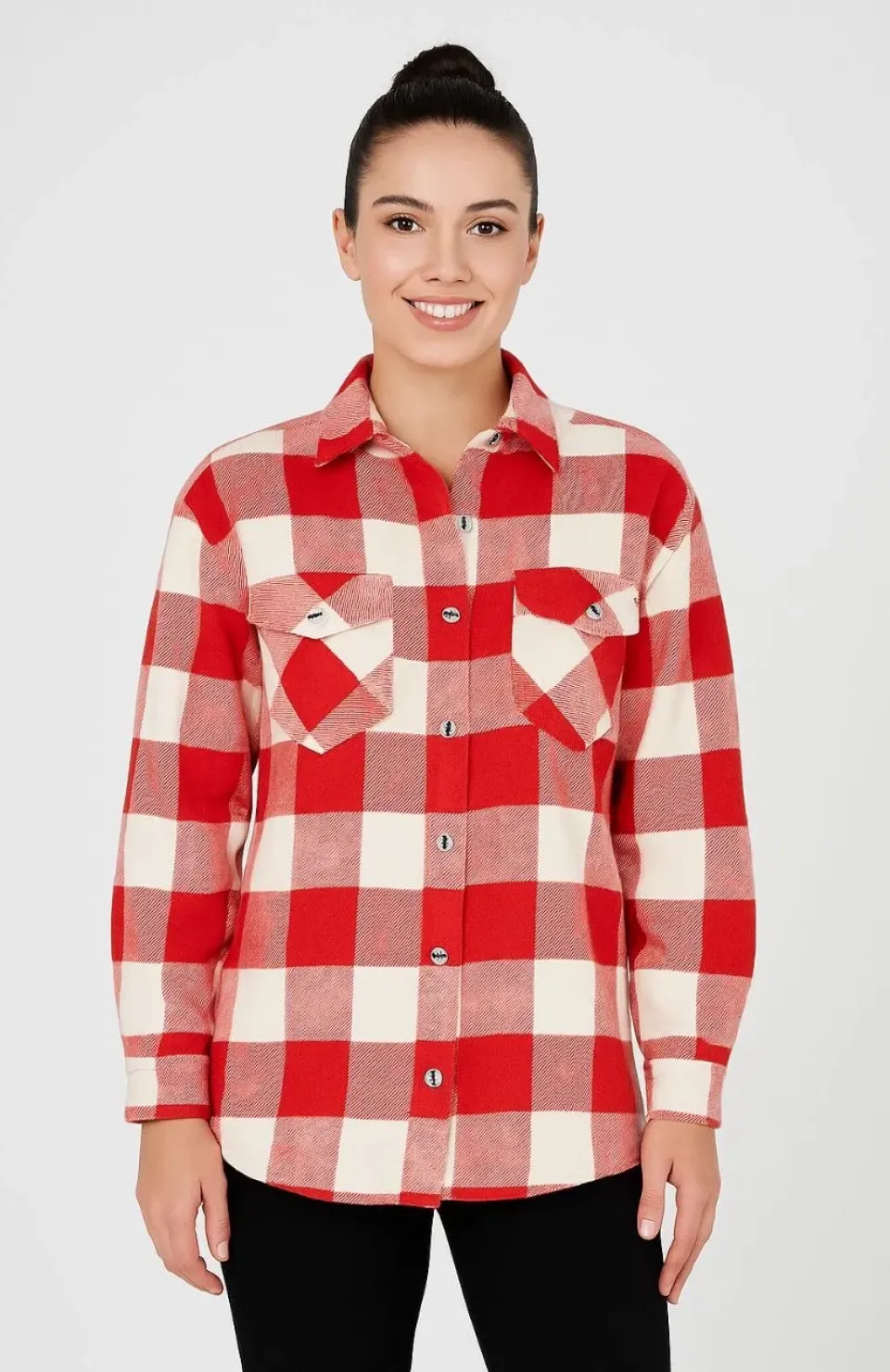 Kadın Oduncu Gömlek – Uzun Kollu, Şardonlu Kumaş, Kırmızı Beyaz Kareli Desen, Regular Fit, Çift Cepli, Manşetli Günlük Şık Stil - Bordo