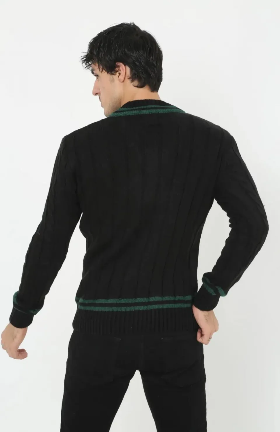 Erkek V Yaka Örgülü Kazak - Siyah