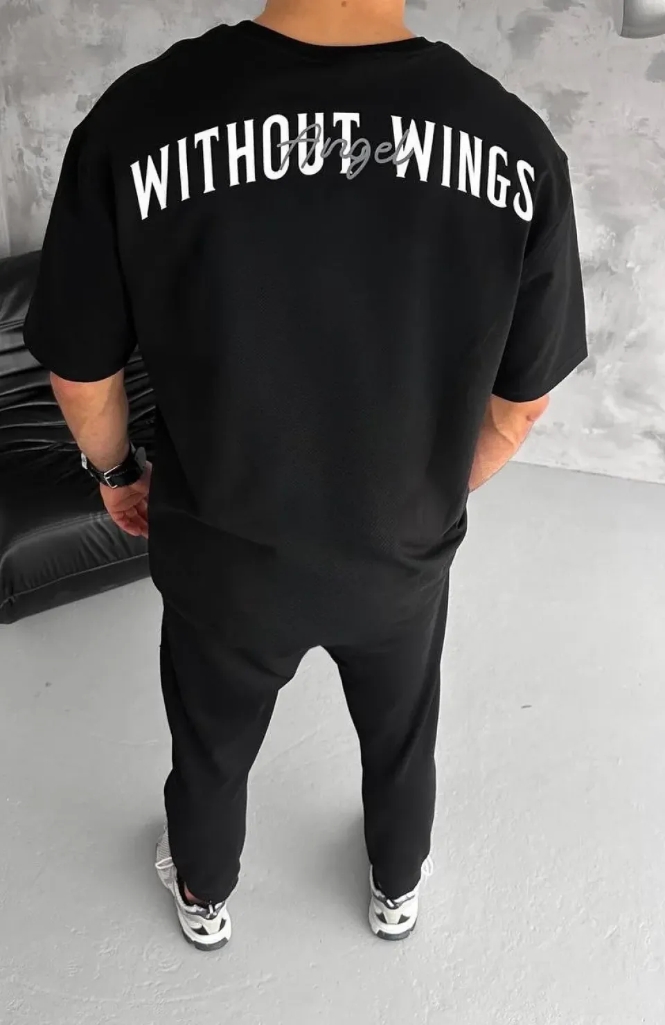 Unisex Bisiklet Yaka Baskılı Oversize T-Shirt - Siyah