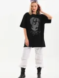 Unisex Taş Desenli Oversize T-Shirt - Siyah