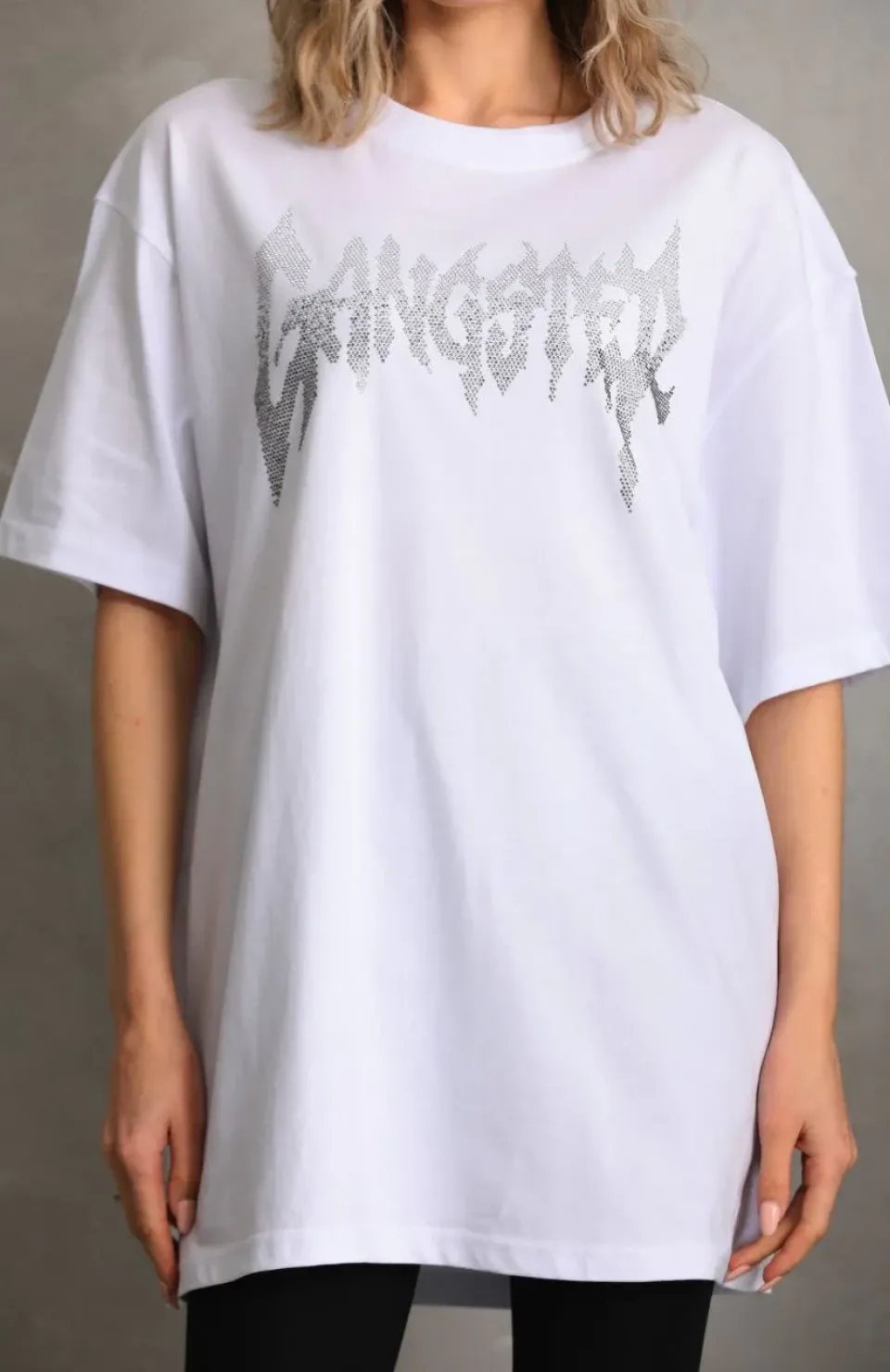 Unisex Taş Desenli Oversize T-Shirt - Beyaz