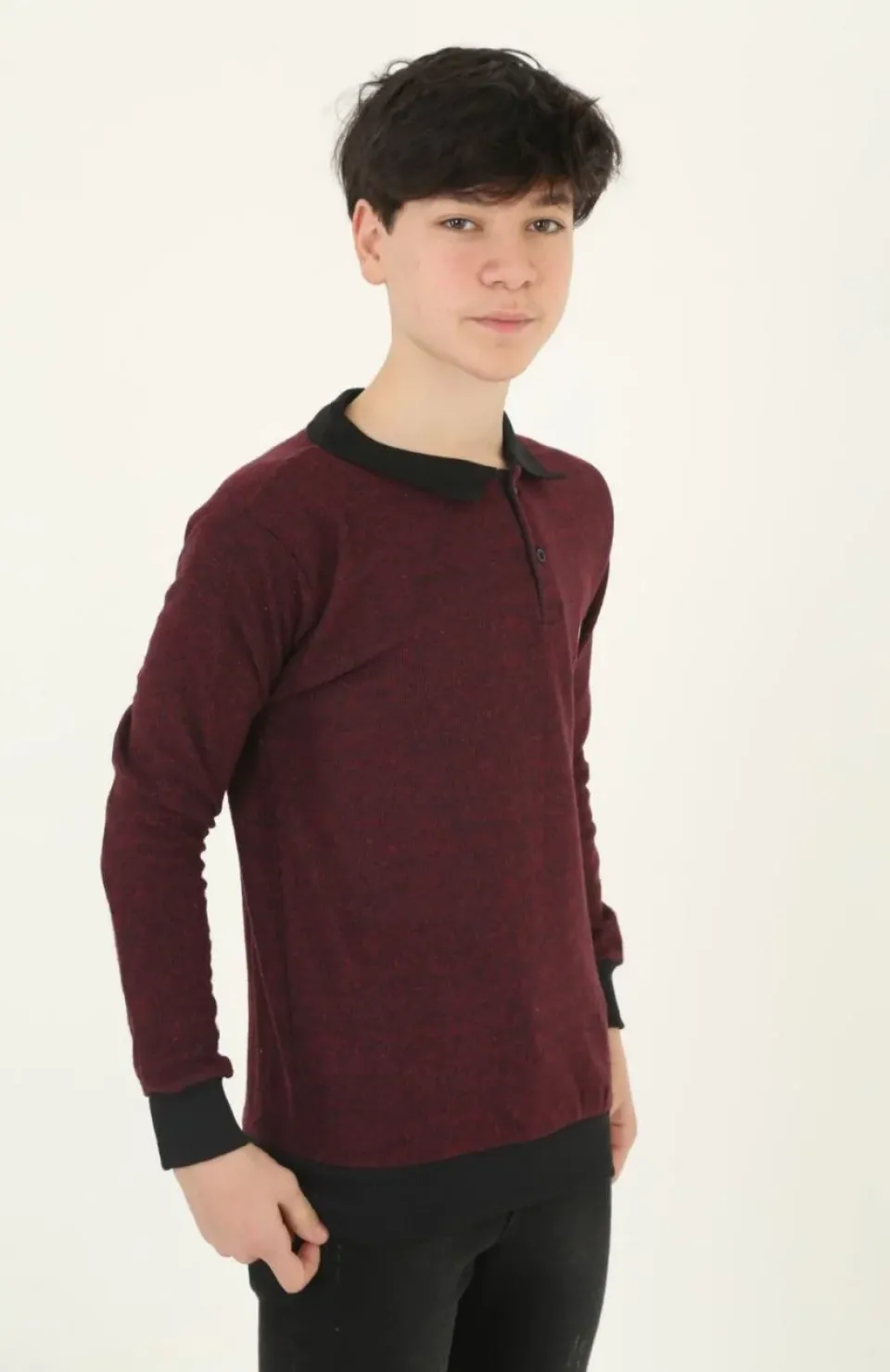 Çocuk Selanik Yaka Nakışlı Kazak - Kırmızı