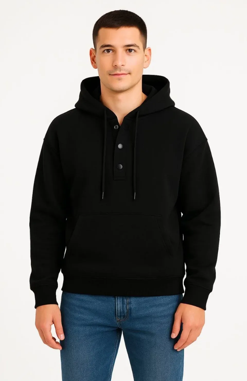 Erkek Ovarsize Kapüşonlu Swetshirt Kanguru Çepli Cıtcıtlı 3 iplik Şardonlu Hoodie - Siyah