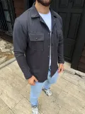 Erkek Diagonal Kumaş Cepli Çıtçıtlı uzun Kollu, Gömlek Oversize Rahat Kalıp Günlük Şık Stil - Füme