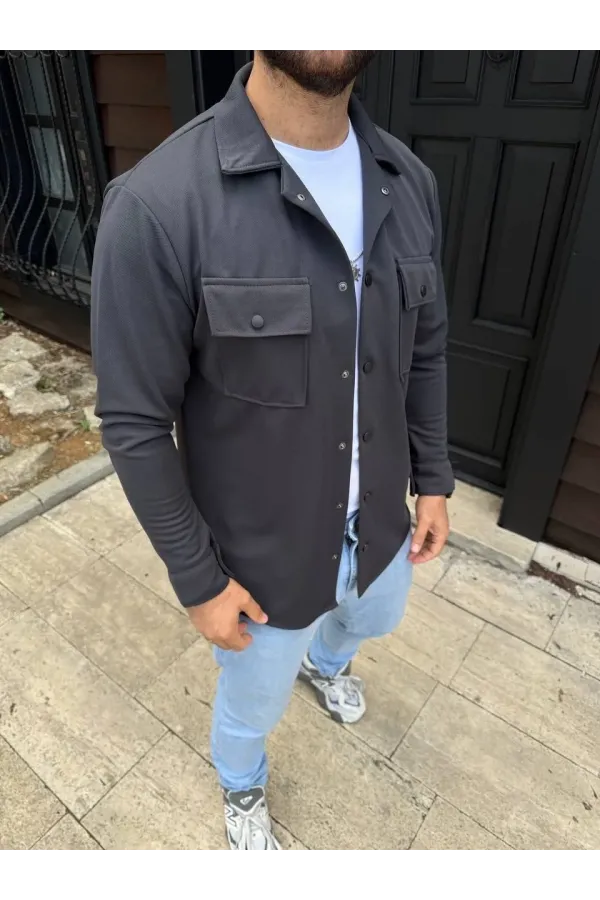 Erkek Diagonal Kumaş Cepli Çıtçıtlı uzun Kollu, Gömlek Oversize Rahat Kalıp Günlük Şık Stil - Füme