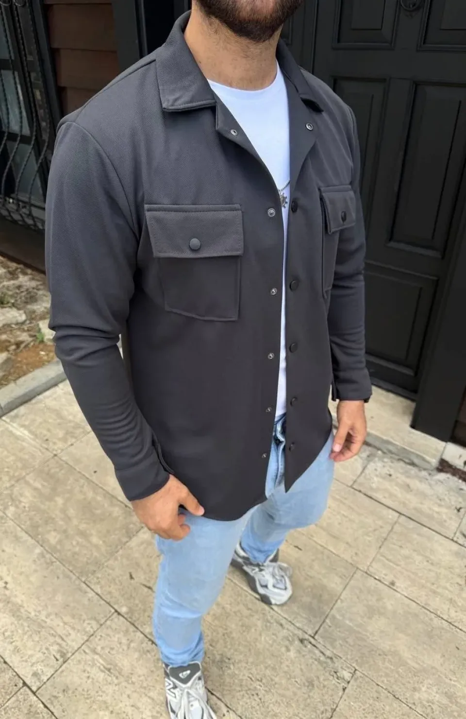 Erkek Diagonal Kumaş Cepli Çıtçıtlı uzun Kollu, Gömlek Oversize Rahat Kalıp Günlük Şık Stil - Füme