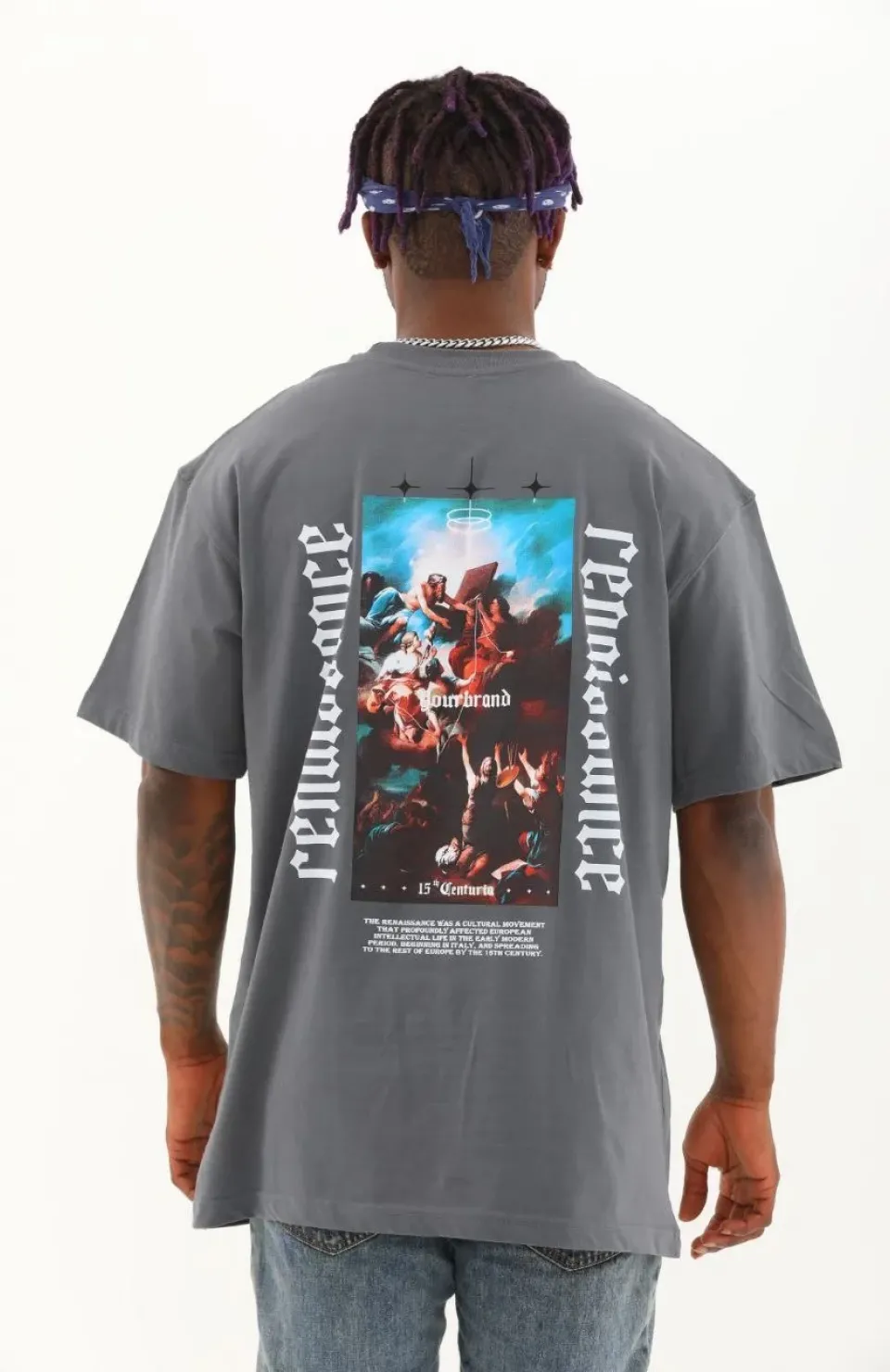 Unisex Oversize Baskılı Bisiklet Yaka T-Shirt - Füme