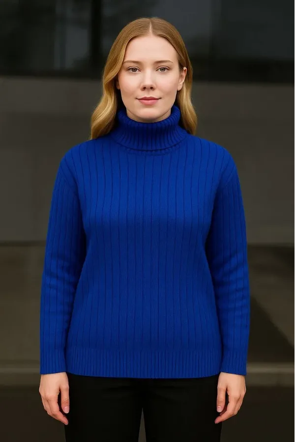 Kadın Balıkcı Yaka Bağazlı Triko Kazak Pamuklu Kalın Fitilli Dokuma - Saks Mavisi