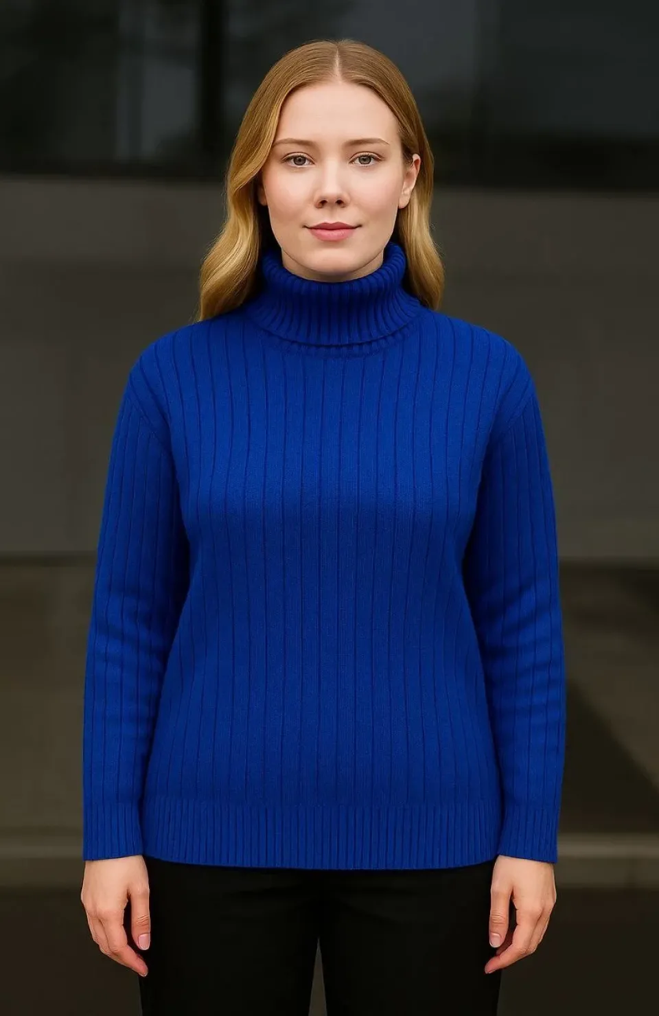 Kadın Balıkcı Yaka Bağazlı Triko Kazak Pamuklu Kalın Fitilli Dokuma - Saks Mavisi