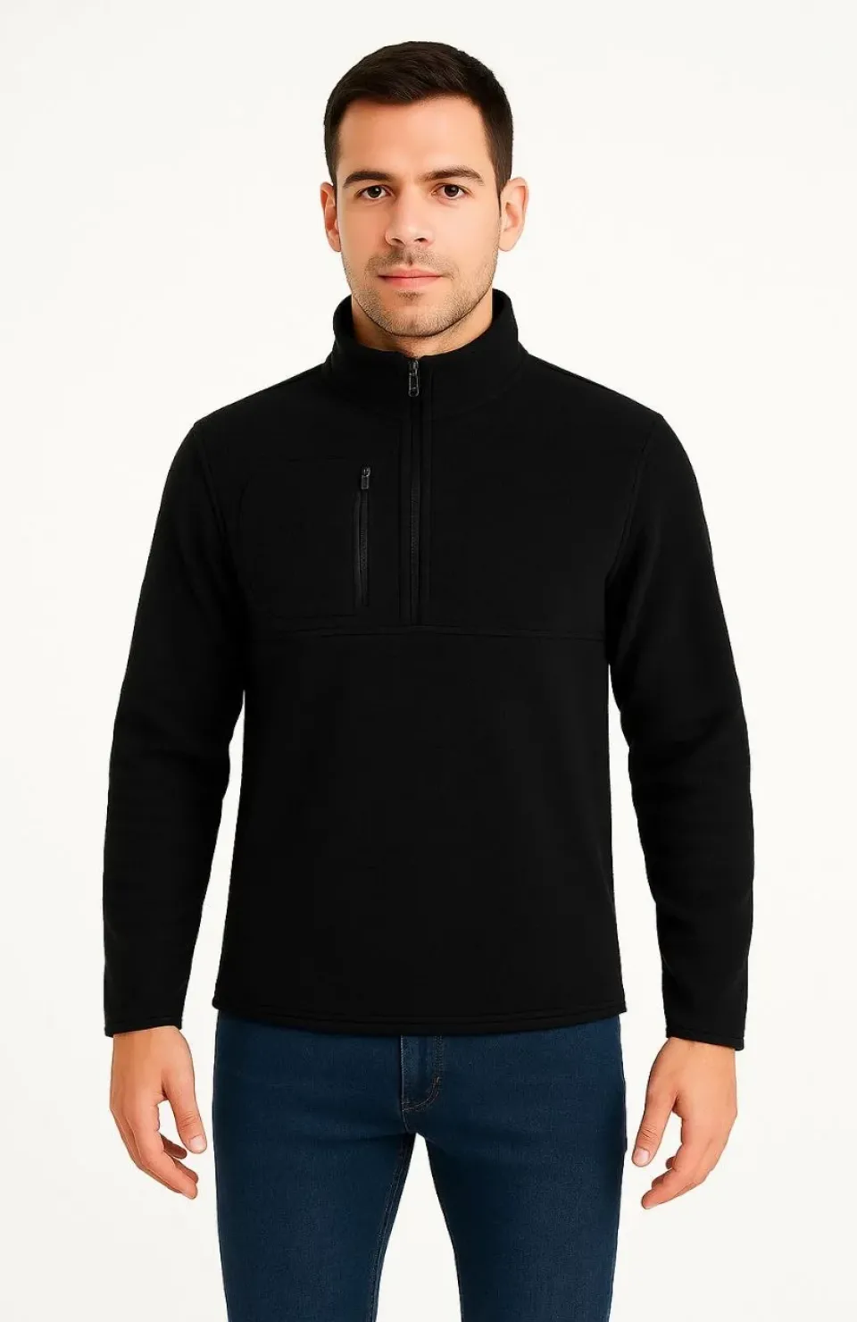 Erkek Polar Kazak – Dik Yaka, Yarım Fermuarlı, Fermuarlı Göğüs Cepli, Siyah Biyeli, Kışlık Rahat Regular Fit Günlük Model - Siyah