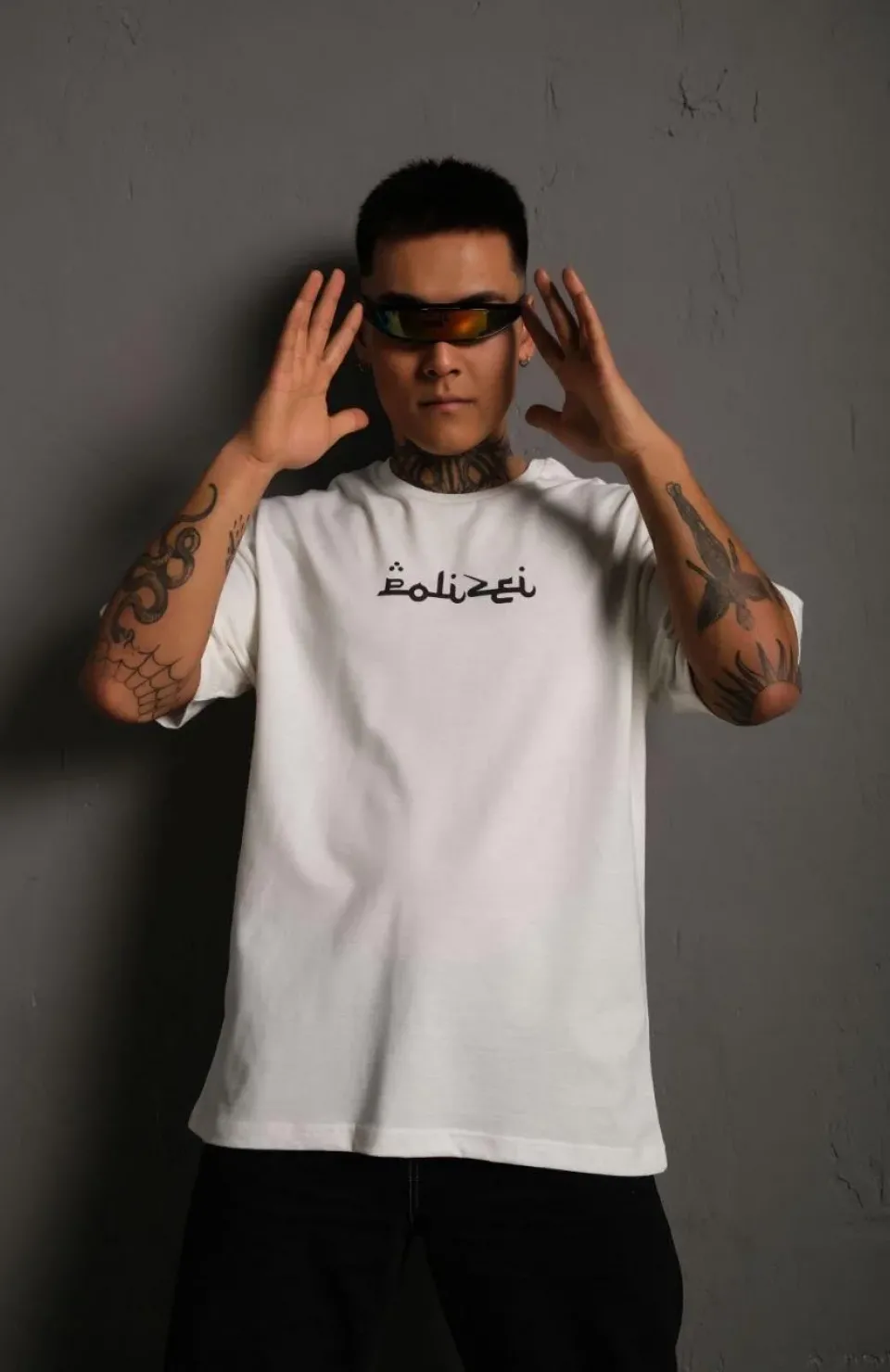 Erkek Bisiklet Yakalı Sırt Baskılı Oversize T-Shirt - Beyaz