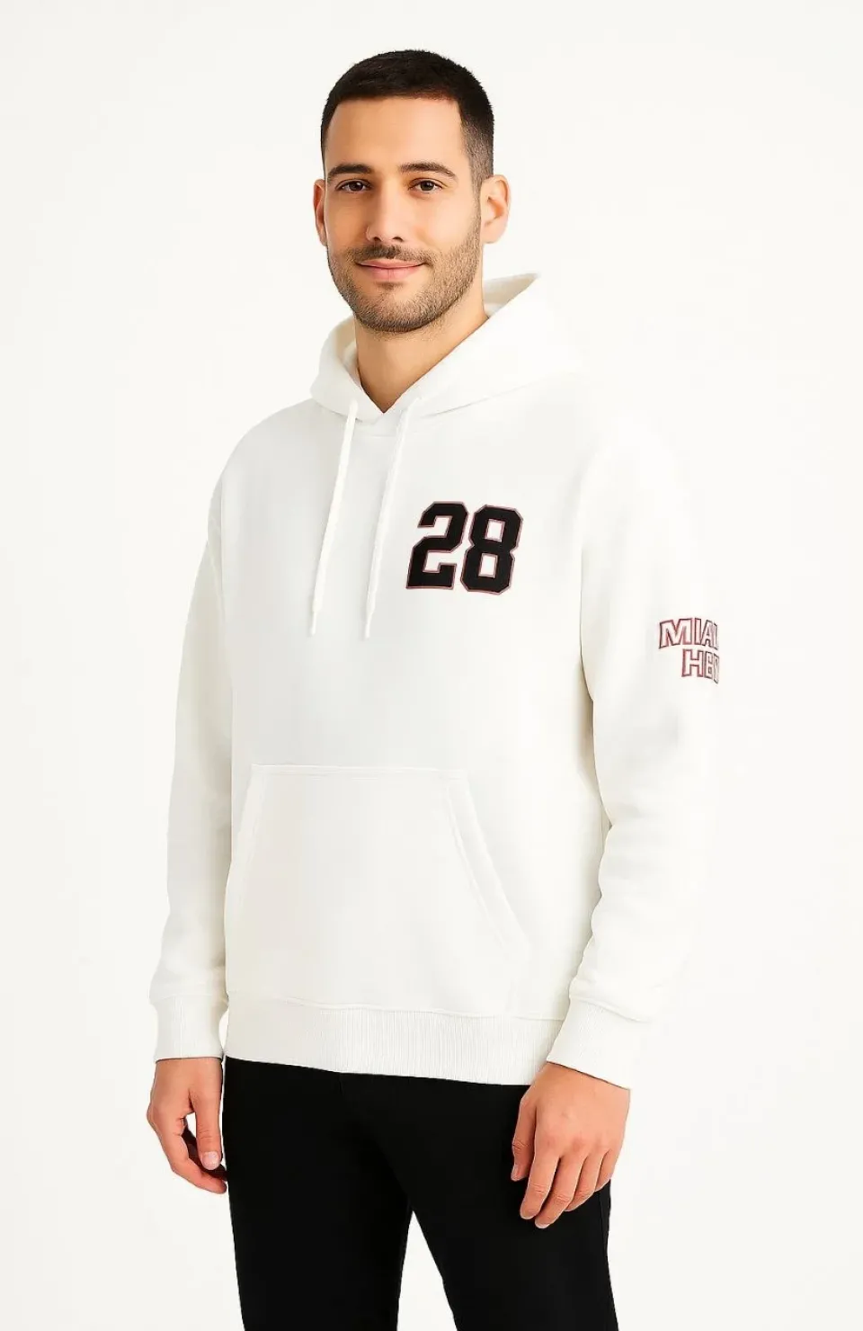 Erkek Kapşonlu Sweatshirt – Üç İplik Şardonlu Kumaş, Oversize Fit, Ön & Arka Baskılı, Kanguru Cepli, Kışlık Rahat Hoodie - Beyaz
