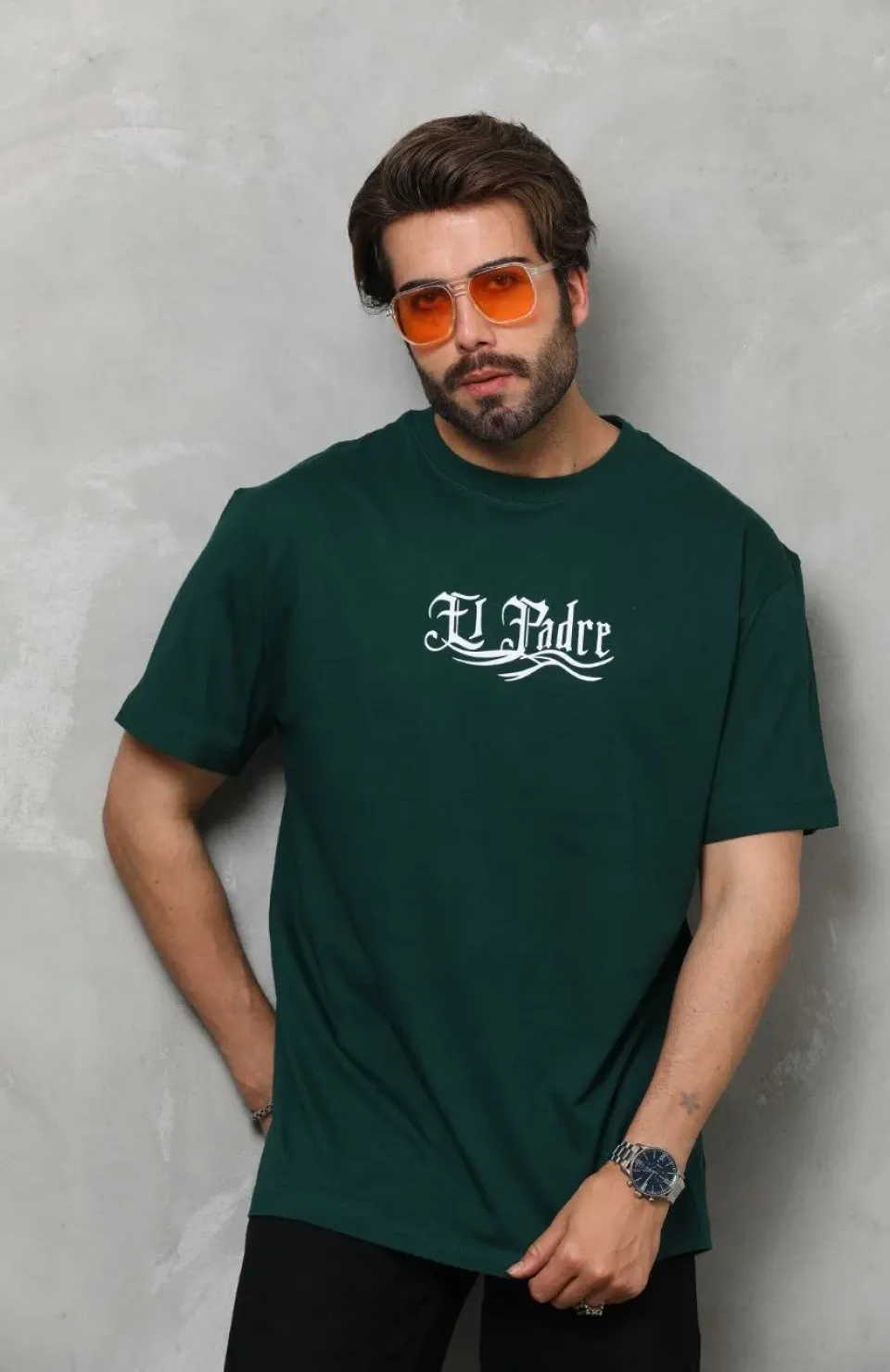 Unisex Bisiklet Yaka Baskılı Oversize T-Shirt - Yeşil