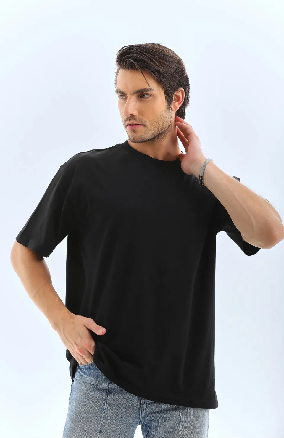 Unisex Oversize Düz Bisiklet Yaka T-Shirt - Siyah