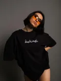 Kadın Bisiklet Yakalı Sırt Baskılı Oversize T-Shirt - Siyah