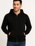 Erkek Üç İplik Kapüşonlu Tam Fermuarlı Kanguru Çepli SweatShirt Hoodie - Siyah