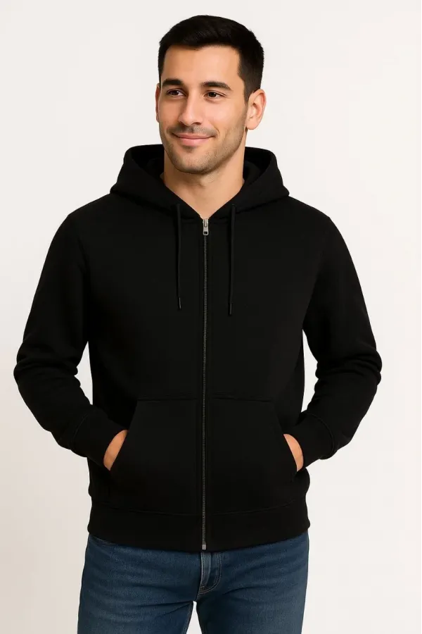 Erkek Üç İplik Kapüşonlu Tam Fermuarlı Kanguru Çepli SweatShirt Hoodie - Siyah