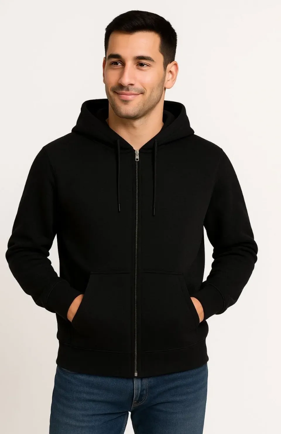 Erkek Üç İplik Kapüşonlu Tam Fermuarlı Kanguru Çepli SweatShirt Hoodie - Siyah
