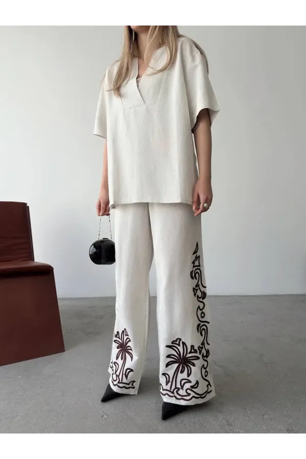 Keten Kısa kolu V Yaka Bluz Pantolon ikili Takım- Beyaz