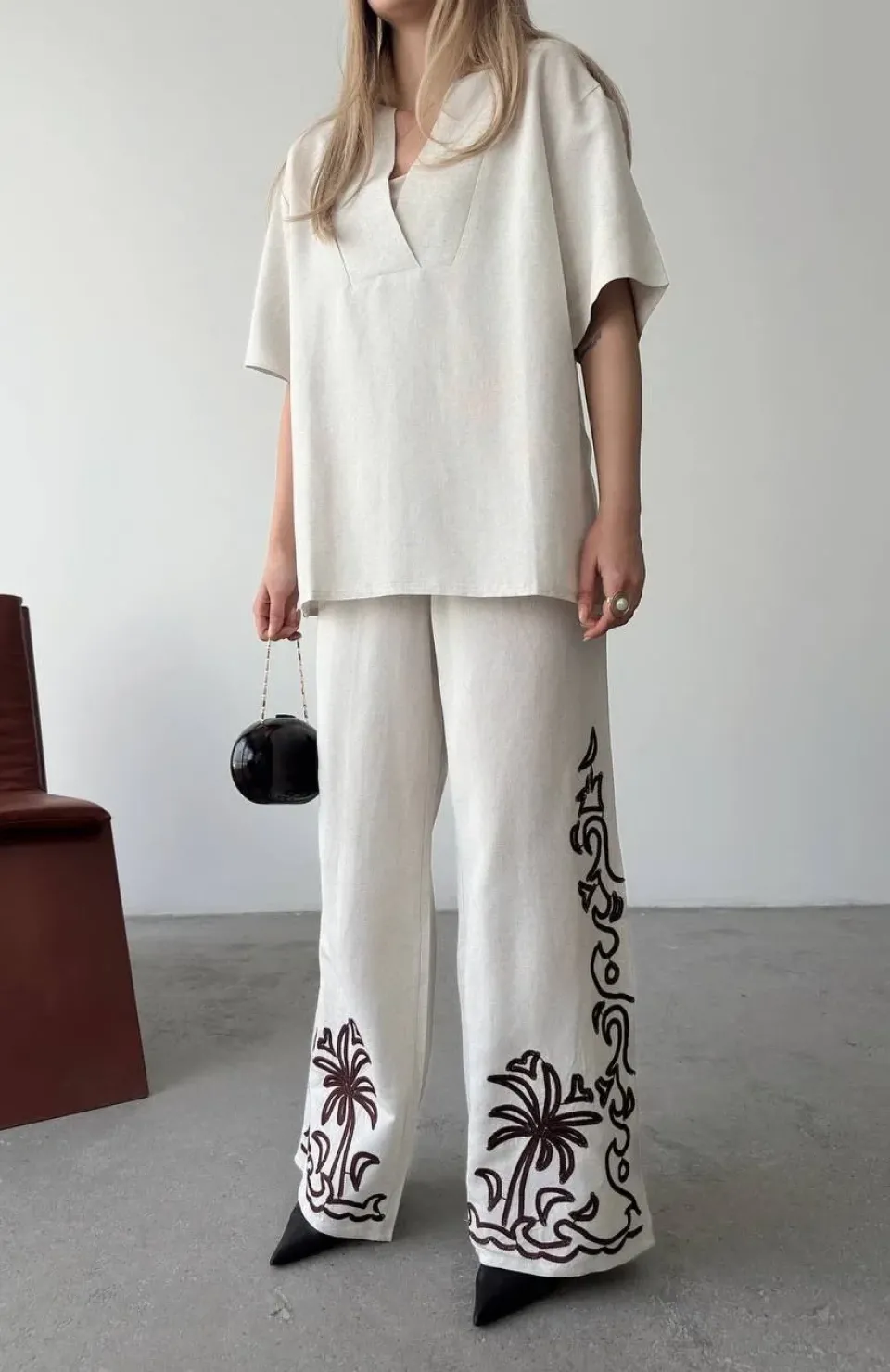 Keten Kısa kolu V Yaka Bluz Pantolon ikili Takım- Beyaz