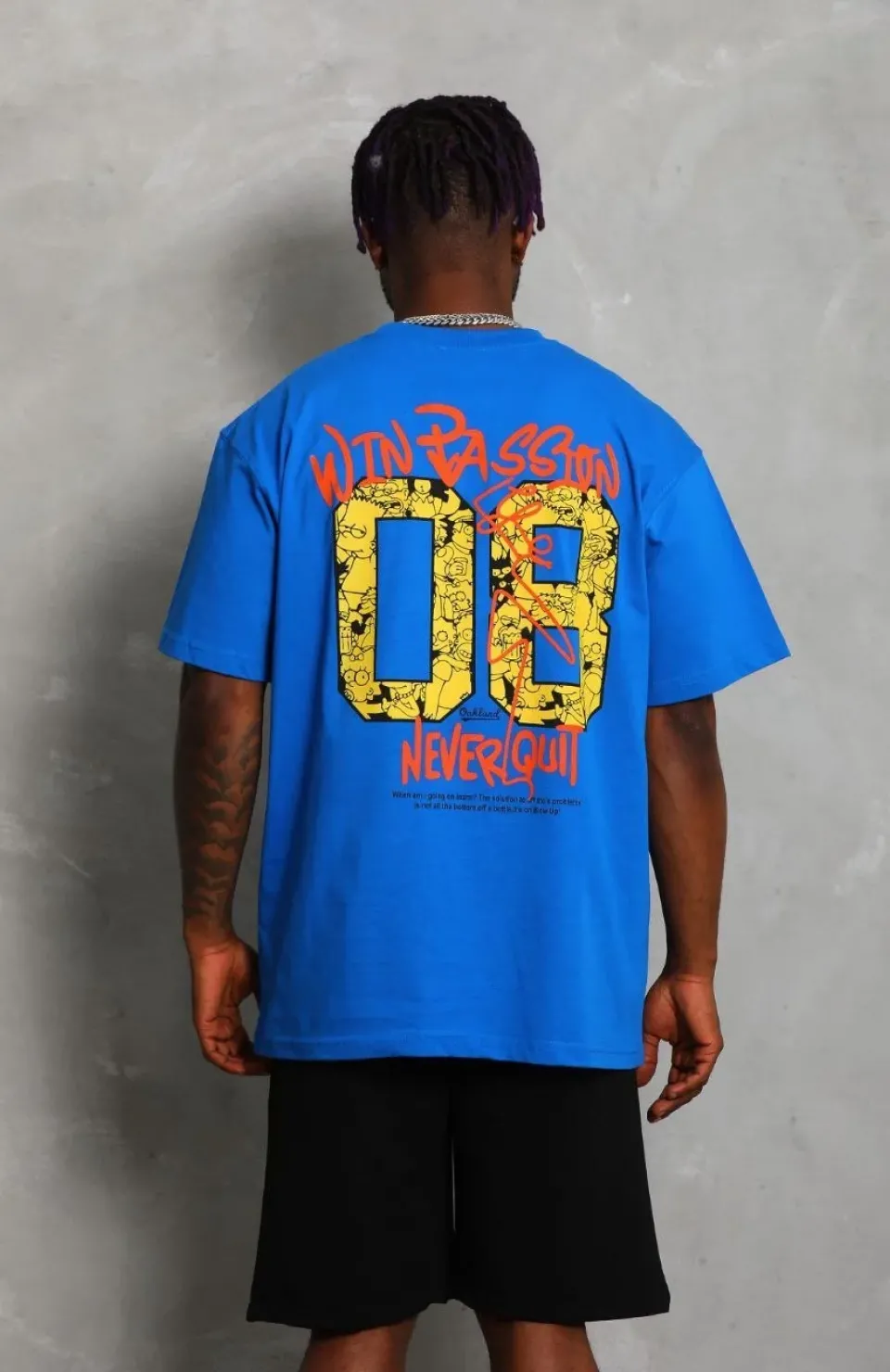 Unisex Oversize Baskılı Bisiklet Yaka T-Shirt - Mavi