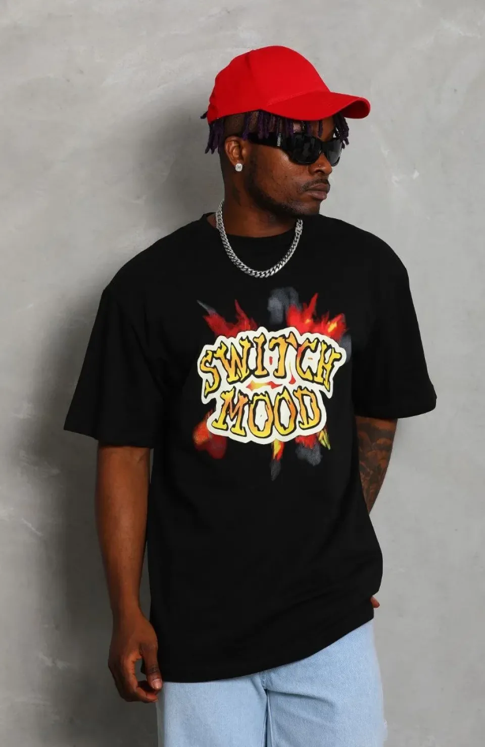 Unisex Oversize Baskılı Bisiklet Yaka T-Shirt - Siyah