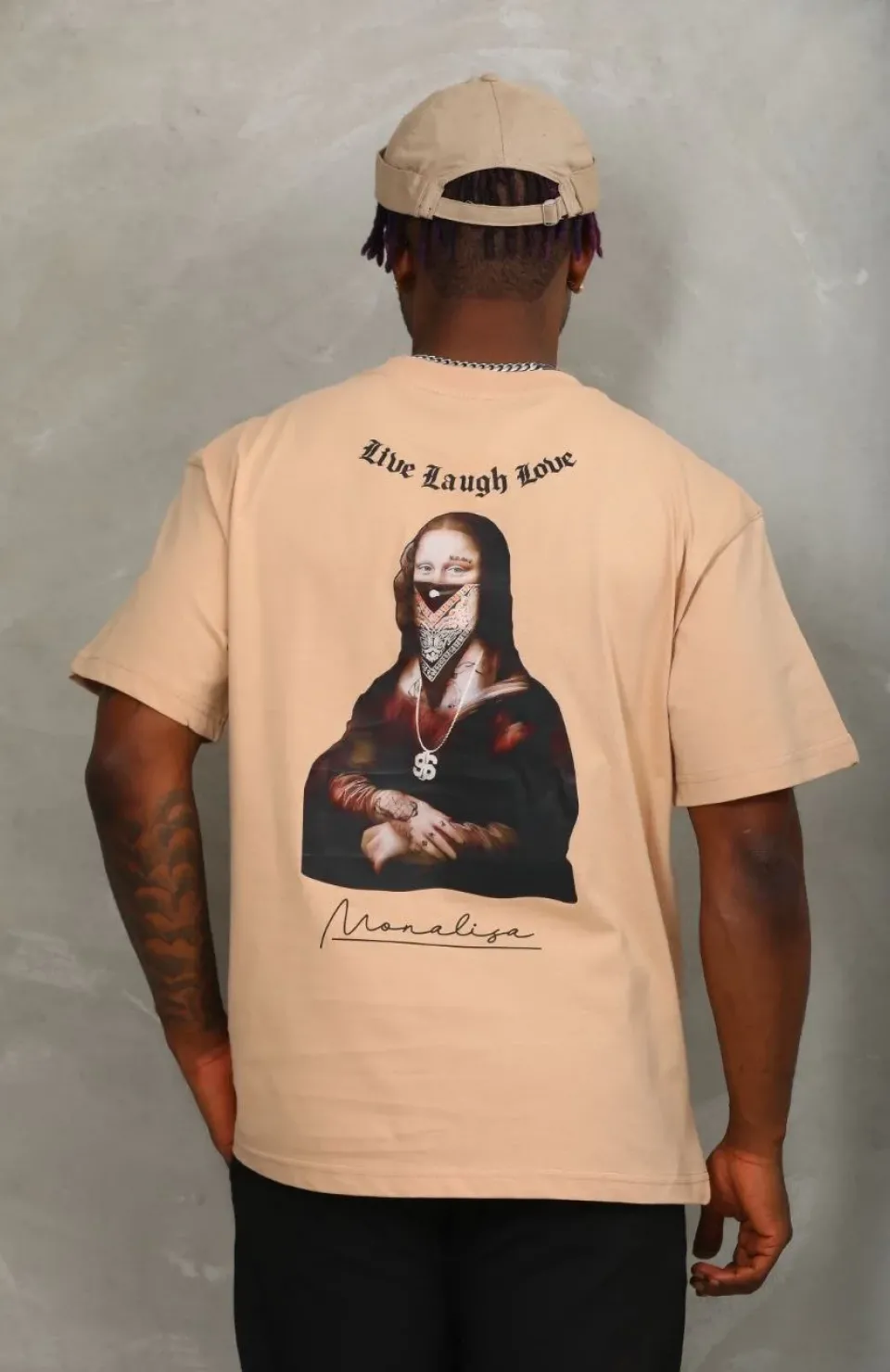 Unisex Oversize Baskılı Bisiklet Yaka T-Shirt - Bej