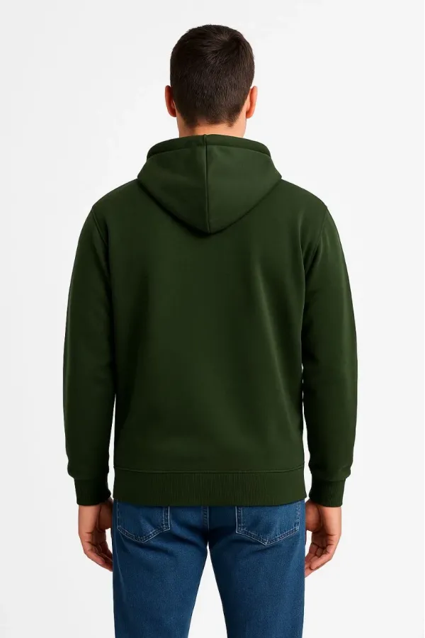 Erkek Üç İplik Kapüşonlu Tam Fermuarlı Kanguru Cepli Sweatshirt Hoodie - Haki