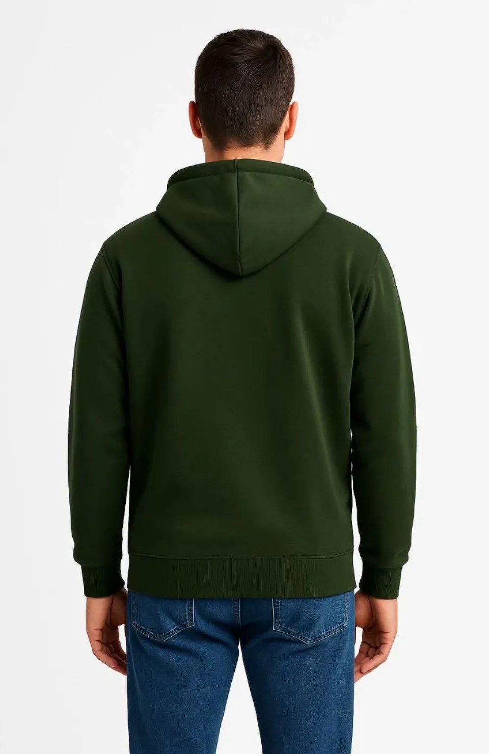 Erkek Üç İplik Kapüşonlu Tam Fermuarlı Kanguru Cepli Sweatshirt Hoodie - Haki