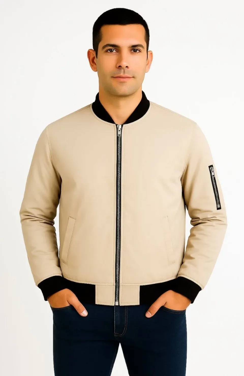 Erkek Bomber Mont Ceket – Fermuarlı, Kapitone İçi Astarlı, Su İtici Kumaş, Regular Fit, Uzun Kollu, Yandan Cepli, Bahar & Kış Rahat Günlük Stil - Bej