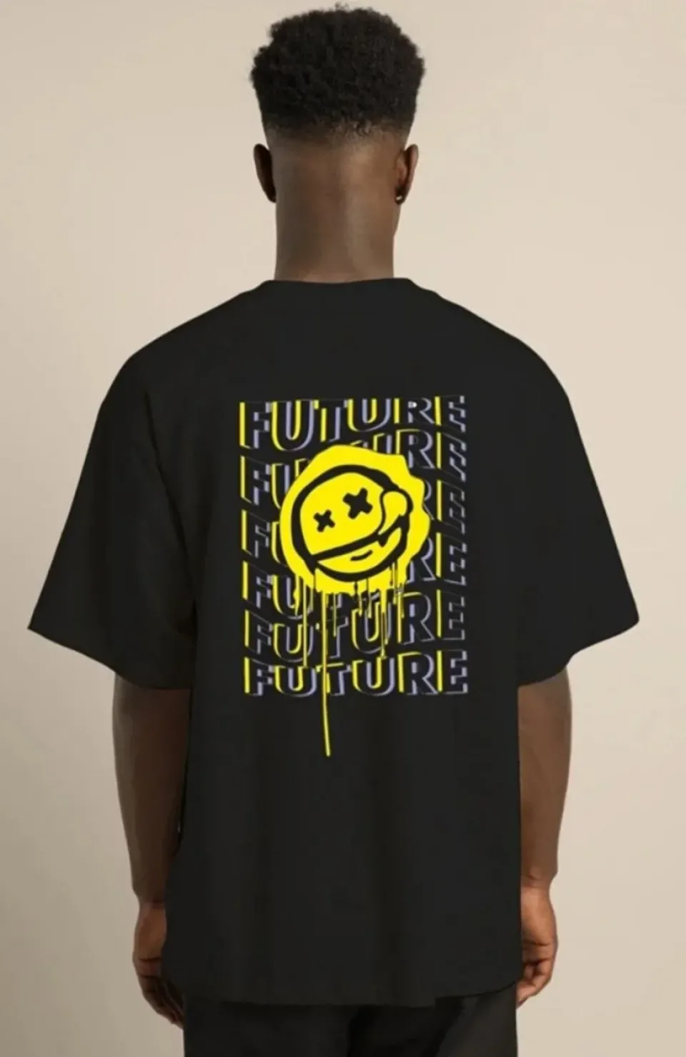 Unisex Bisiklet Yaka Baskılı Oversize T-Shirt - Siyah