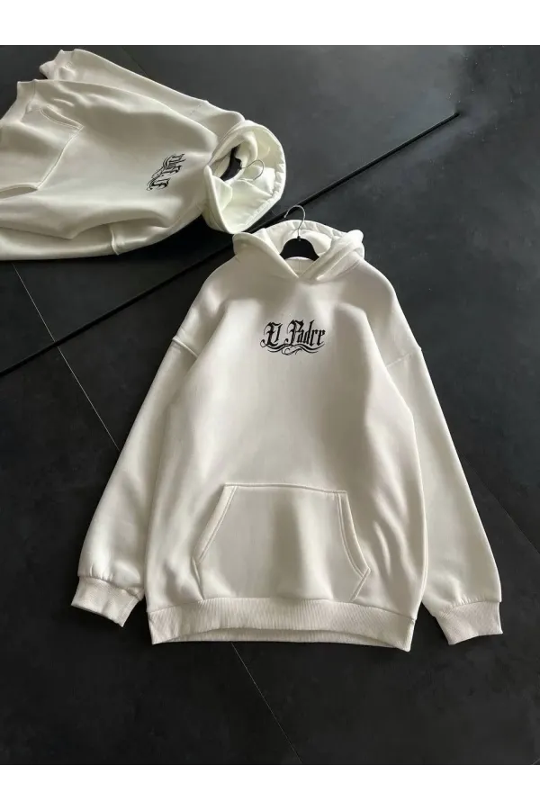 Üç İplik Penye Uzun Kol Kapüşonlu Baskılı SweatShirt - Beyaz