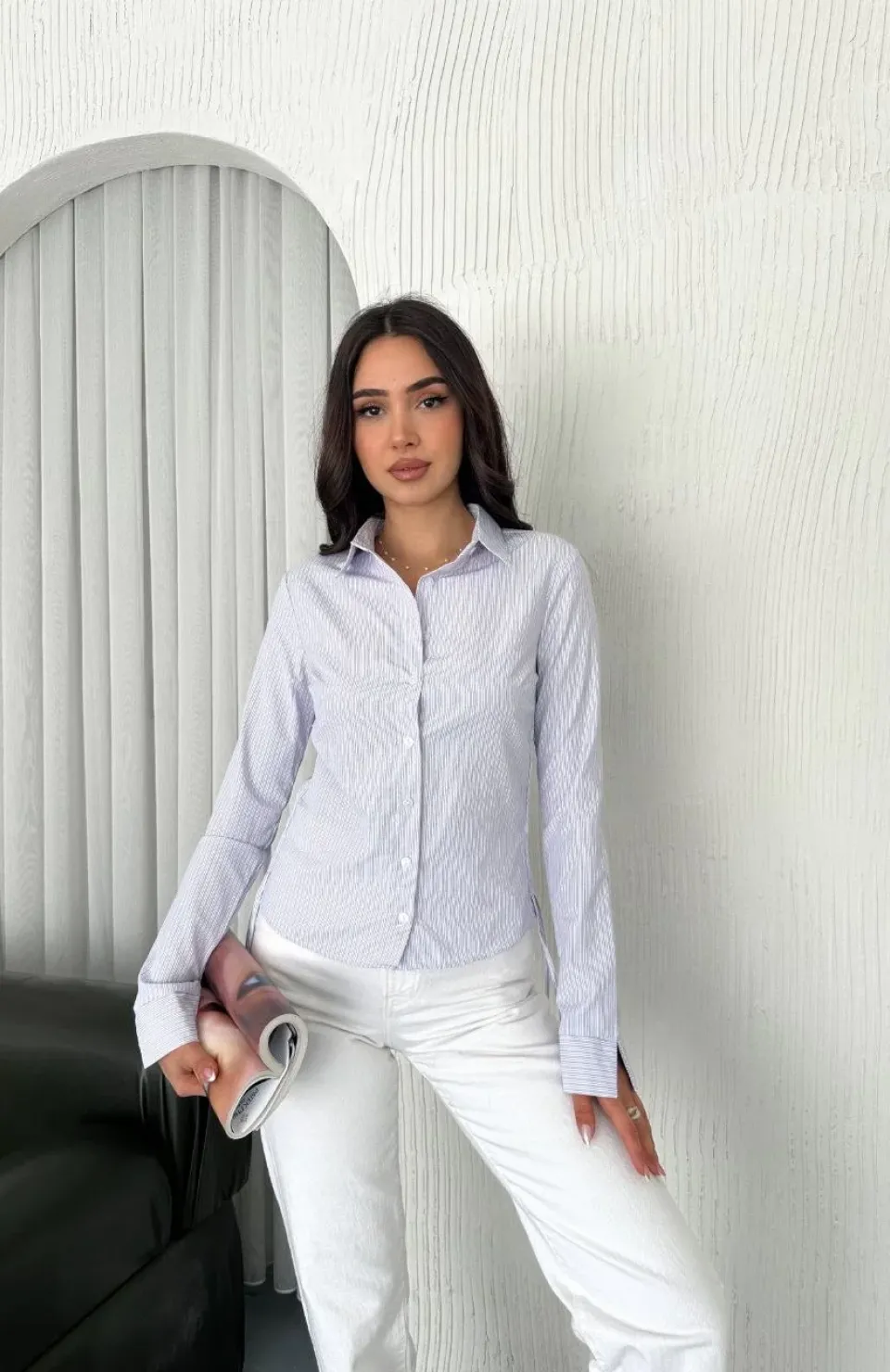 Kadın Uzun Kollu yandan Bağlama detaylı Gömlek - Beyaz