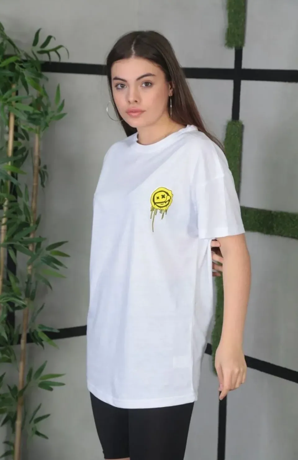 Unisex Bisiklet Yaka Baskılı Oversize T-Shirt - Beyaz