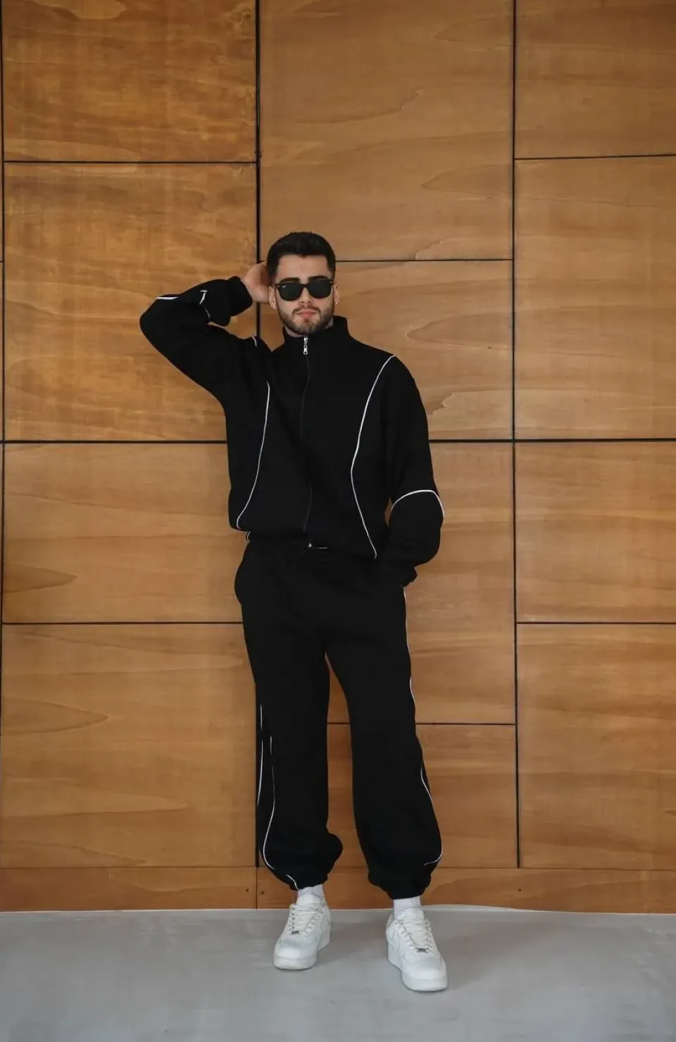 Erkek Premium Parçalı Eşofman Takım - Dik Yaka Fermuarlı Biyeli Sweatshirt Lastik Paça Alt, Oversize 3 iplik Şardonlu - Siyah