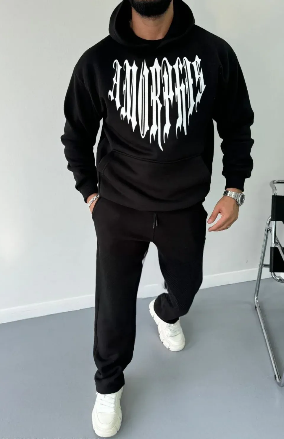 Uzun Kol Kapüşonlu Baskılı SweatShirt - Siyah