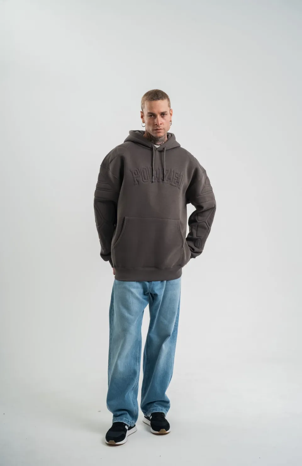 Double Oversize Kapşonlu Nakışlı SweatShirt - Füme