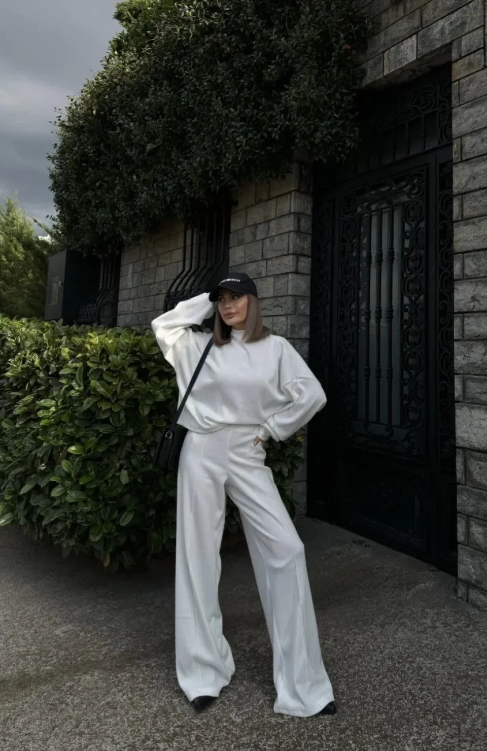 Crop, Pantolon Fitilli İkili Takım -Beyaz