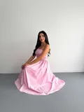 Straplez Pileli Elbise - Pembe