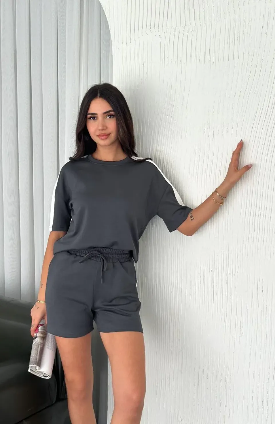 Osy Modal yumuşak dokulu Kumaş Kadın Parçalı Bisiklet Yaka T-shirt Kısa Şort İkili Takım - Antrasit