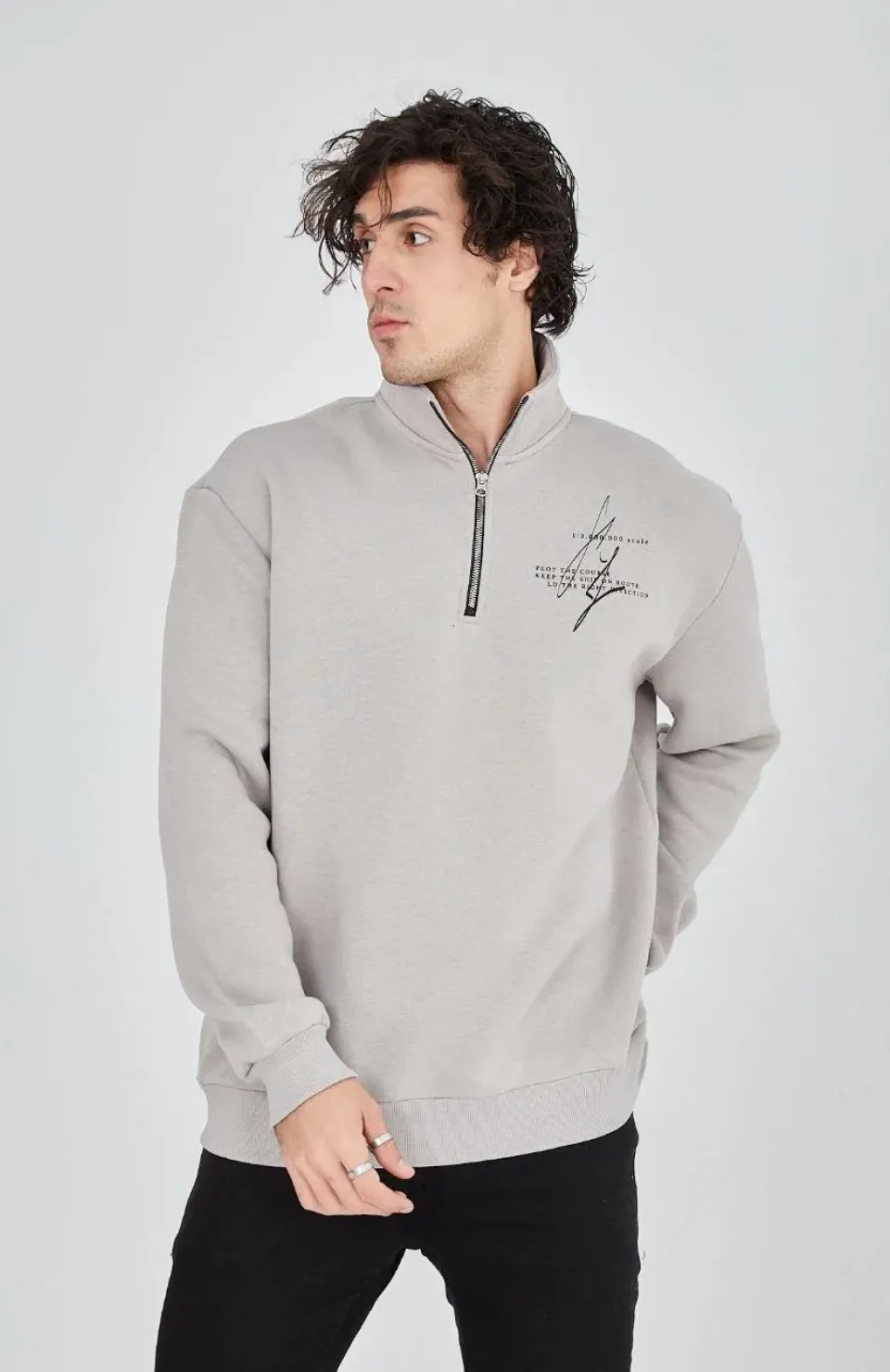 Erkek Yarım Fermuarlı Baskılı Sweat - Boyalı Gri