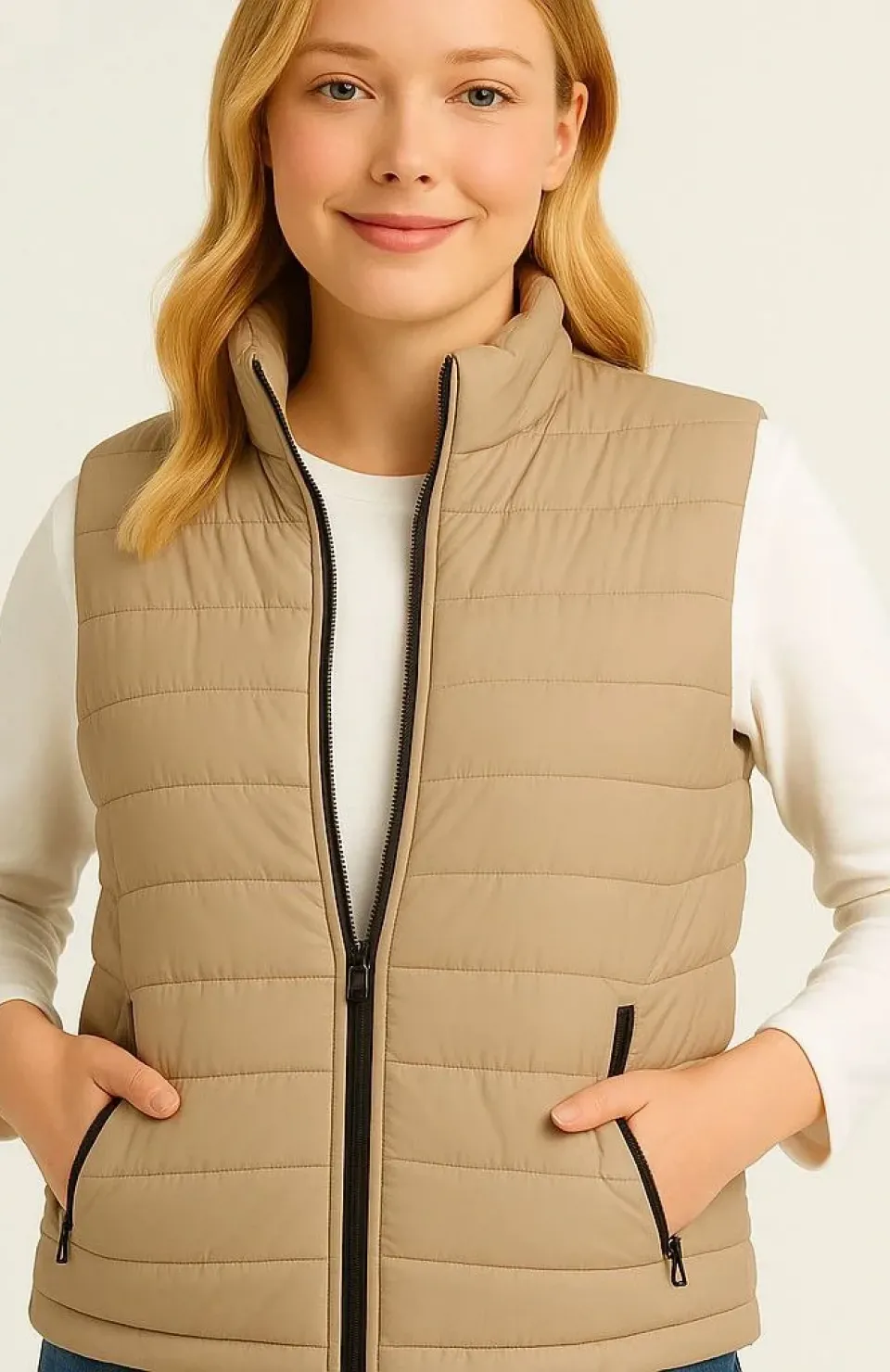 Kadın Şişme Fermuarlı Yelek Su itici Kapitone Astarlı Kumaş Cepli Hafif Kışlık Spor Rahat Kalıp - Bej Somersan Giyim | Kadın, Erkek ve Çocuk Moda