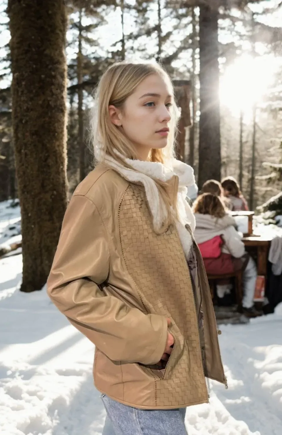 Kadın Fileli Deri Ceket - Krem