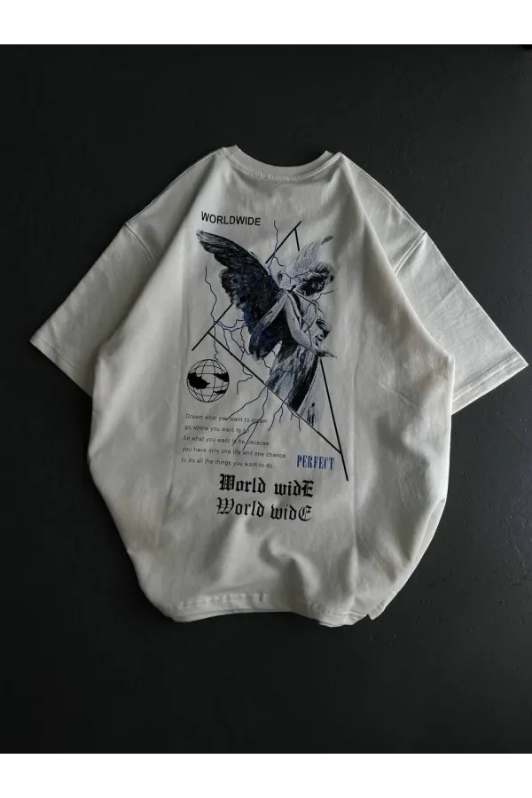 Unisex Bisiklet Yaka Baskılı Oversize T-Shirt - Beyaz