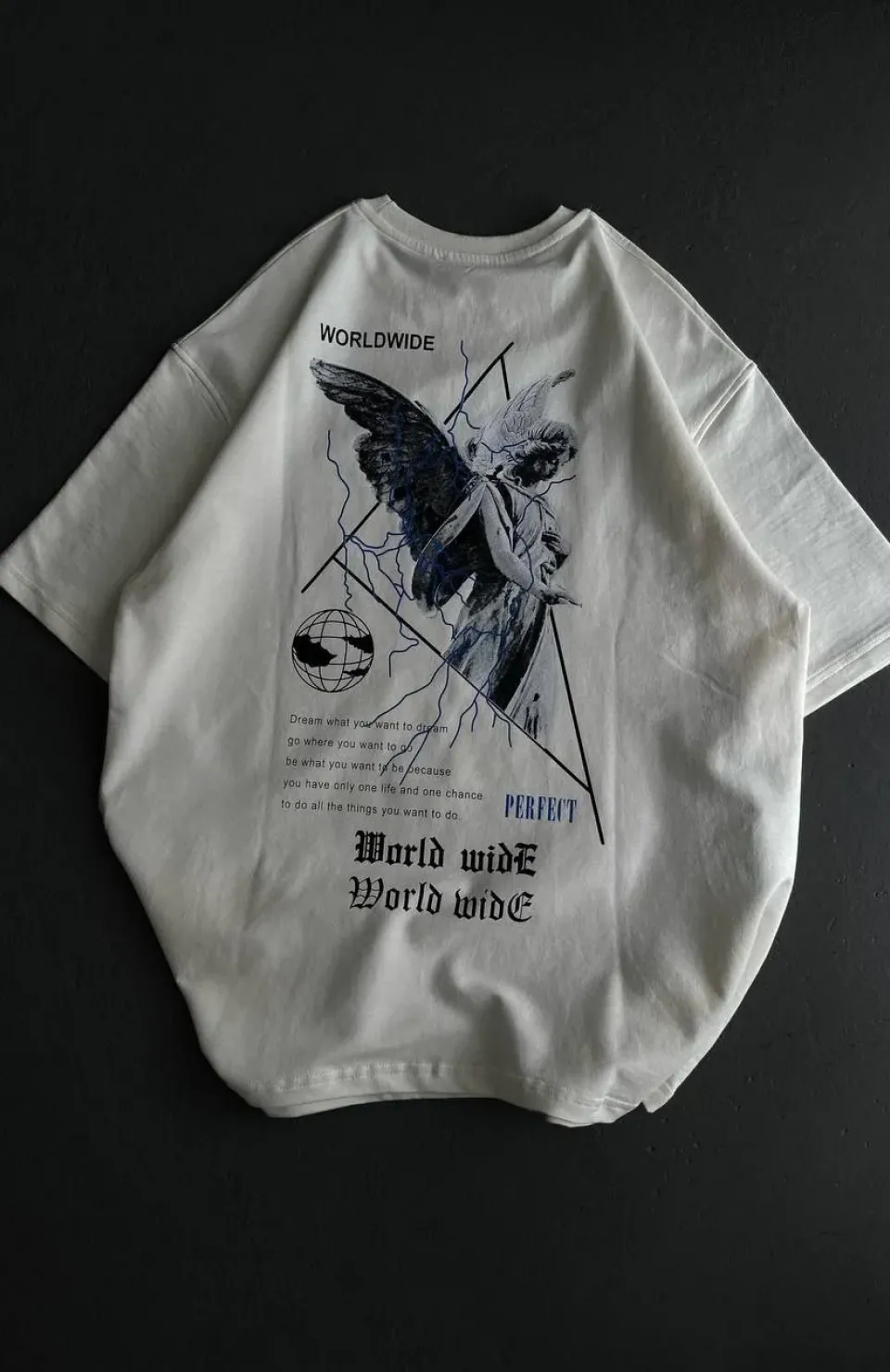 Unisex Bisiklet Yaka Baskılı Oversize T-Shirt - Beyaz