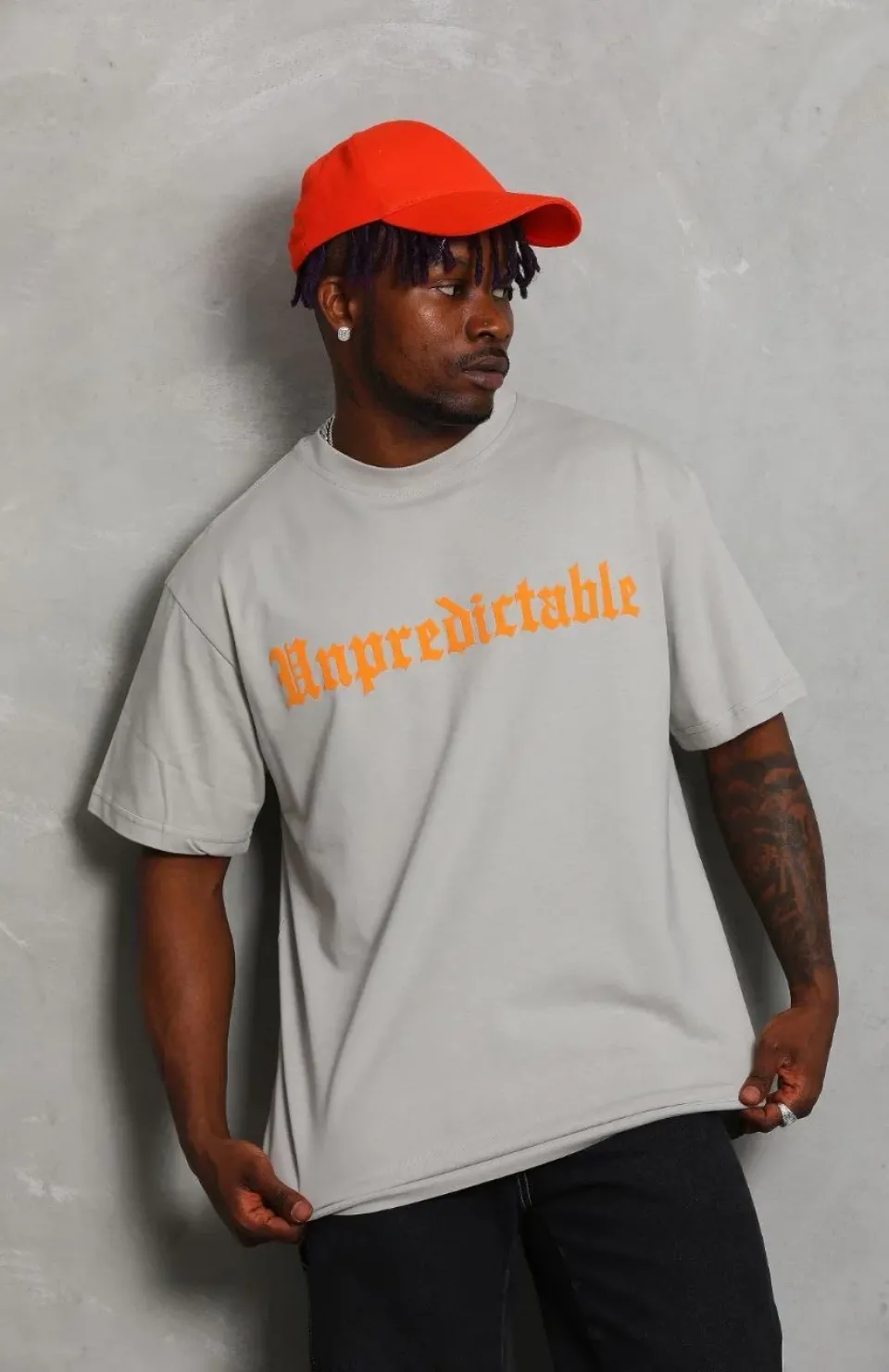 Unisex Oversize Baskılı Bisiklet Yaka T-Shirt - Gri