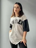 Kadın Complex Kolları Deri Kolej Oversize T-shirt - Beyaz
