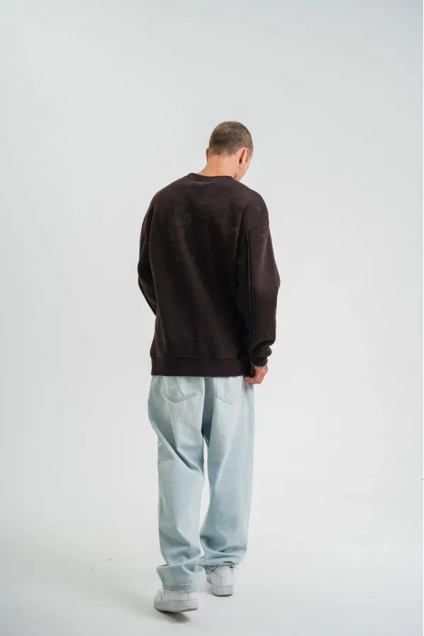 Unisex Bisiklet Yaka Özel Pis Dikişli Yıkamalı SweatShirt - Kahve