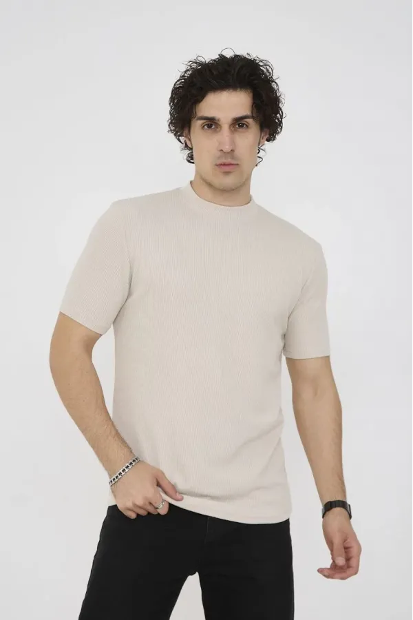 Unisex Bisiklet Yaka Slim fit T-Shirt- Bej